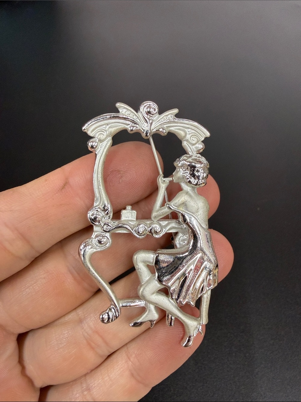 Vintage AJC Silver Tone Woman Looking In Mirror Vanity Art Deco Brooch/Pin